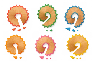 Six colorful pencil shavings forming question marks on transparent background, perfect for creative projects