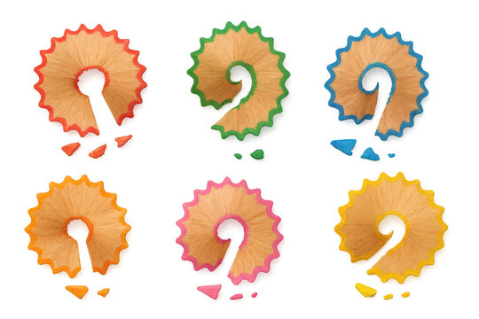 Six colorful pencil shavings forming question marks on transparent background, perfect for creative projects