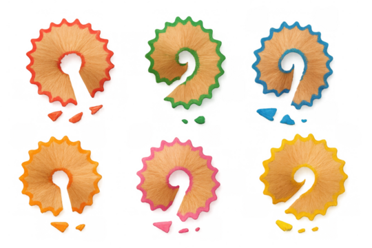 Six colorful pencil shavings forming question marks on transparent background, perfect for creative projects