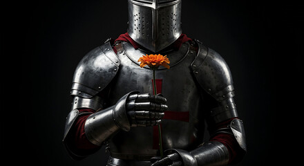 Fototapeta premium Medieval knight in armor holding an flower