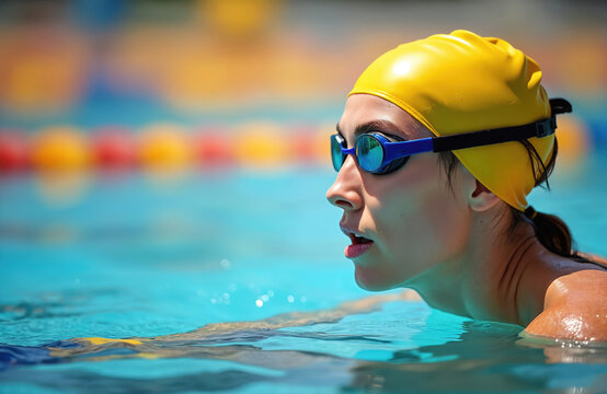 Female swimmer trains laps in clear blue pool. Athletic woman with yellow cap and goggles focuses intensely. Sporty lifestyle, fitness, competition, aquatic exercise.