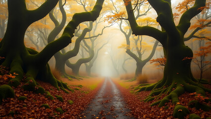 Misty Autumn Forest Path with Twisted Trees and Golden Leaves – Enchanted Fall Woodland Trail, Serene Nature Landscape, Foggy Morning Atmosphere, Tranquil Seasonal Scenery Background
