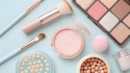A flat lay of various makeup products including brushes blush palette highlighter and powder on a light blue background