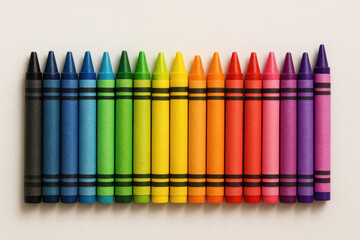 Colorful crayons arranged in a row forming a gradient on white background