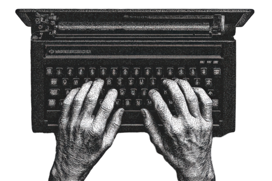 Vintage Typewriter With Hands Typing. Retro Writing And Communication Tool Illustration Isolated On Transparent Background