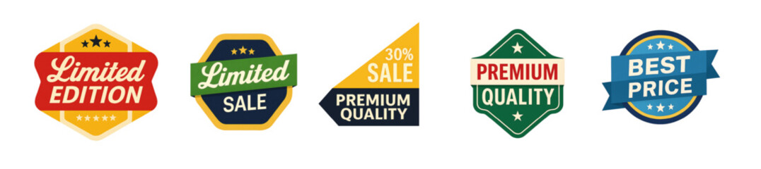 Assorted promotional badges featuring limited edition, sale, and premium quality offers.