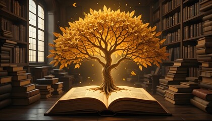 World philosophy day concept with tree of knowledge planting on opening old big book in library full of textbook