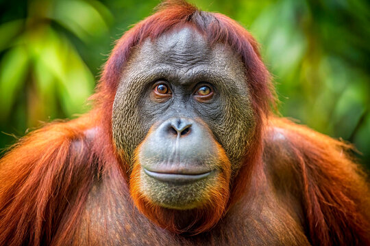 Close up portrait of a red orangutan face in green foliage