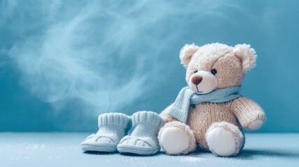 Cute Teddy Bear with Baby Booties on Blue Background , Adorable Newborn Concept

