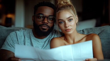 Couple reviewing documents together on a sofa, intimate moment