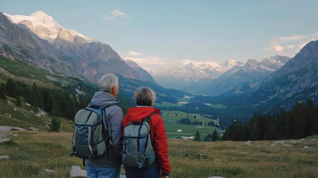 elderly mature old couple backpack hike mountain nature lifestyle video motion - Powered by Adobe