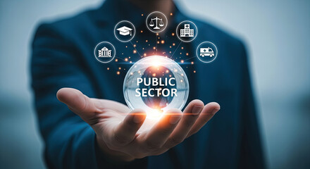 Public Sector Services Concept: Hand Holding Sphere with Education, Justice, Healthcare, and Government Icons for Policy and Social Programs