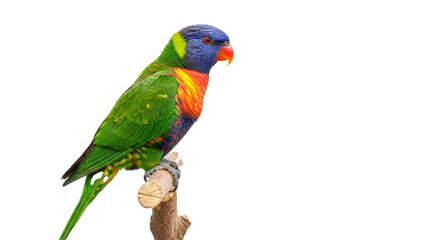 A vibrant rainbow lorikeet perched on a small branch against a stark black background in sharp focus