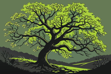 Obraz premium fantasy art, magical tree of life, otherworldly plant, glowing green leaves, intricate branches, surreal landscape, dramatic lighting, cinematic composition, dark moody background, digital art, hig