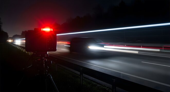 Nighttime Long Exposure Car Motion Blurred Lights with Radar Speed Camera