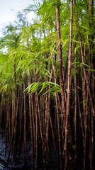 Fototapeta premium Living skyscraper constructed from genetically modified bamboo that grows stronger with age, its hollow stems housing vertical ecosystems