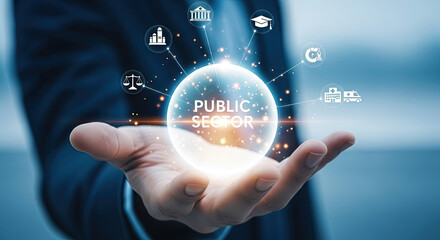 Public Sector Services Concept: Hand Holding a Glowing Orb with Government, Education, Healthcare, and Justice Icons. Modern Visual Metaphor.