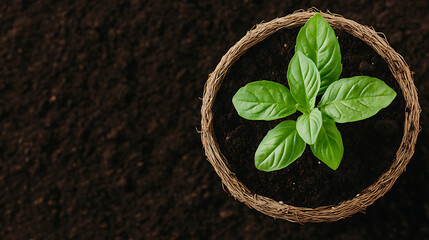 Naklejka premium Seedling emerging from soil in a fiber pot, symbolizing new beginnings and growth. Lush leaves represent potential and nurturing.