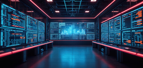 Modern trading floor features rows of computer monitors displaying financial data, stock charts, code. Servers hum in high-tech environment with blue, red neon lighting, emphasizing data analysis,