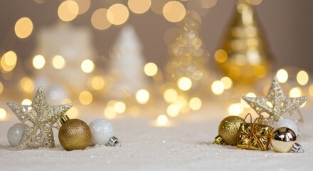 Festive Christmas decorations with ornaments and bokeh lights