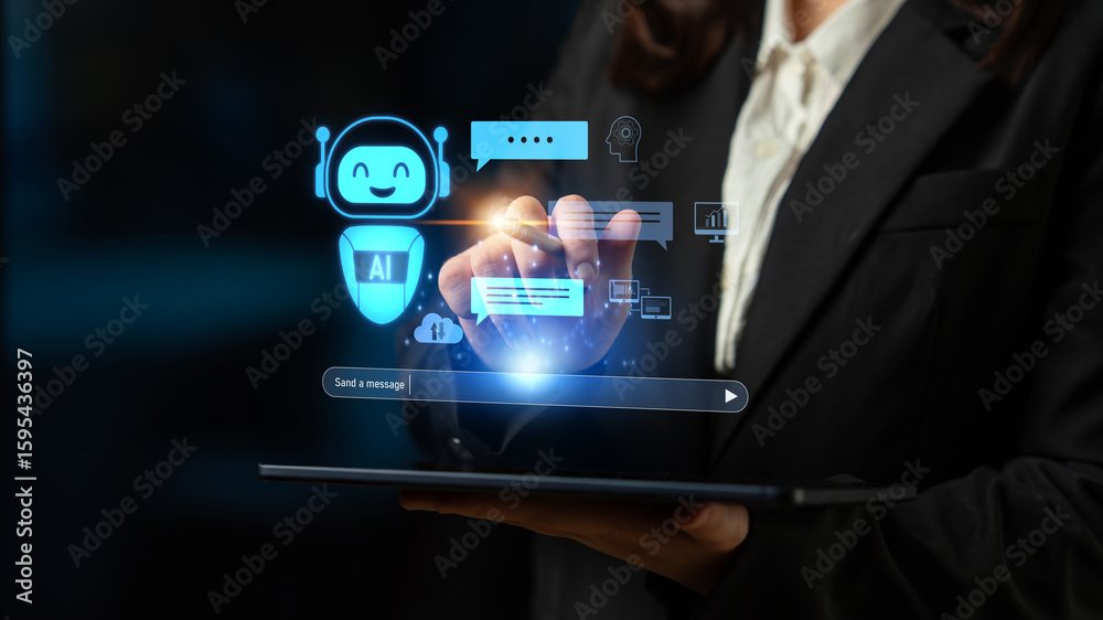 Poster ai chatbot improves virtual assistant interaction. ai chatbot processes text, supports users, ai cha