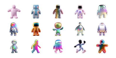 Fototapeta premium Colorful Abstract 3D Characters Set. Futuristic Digital Art Collection Isolated On Transparent Background