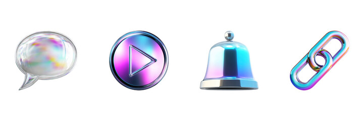 Colorful 3D Icons Set. Digital Communication And Interaction Symbols Collection Isolated On Transparent Background