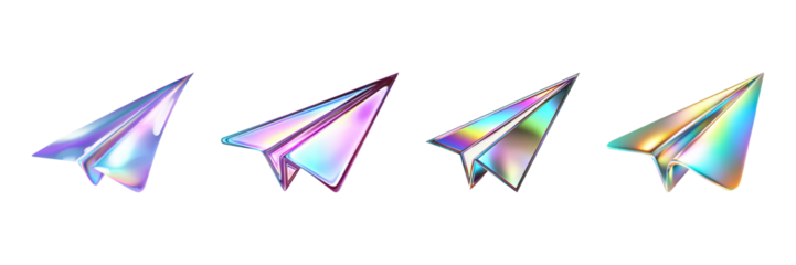 Holographic Paper Airplanes Set. Futuristic Design And Creativity Collection Isolated On Transparent Background