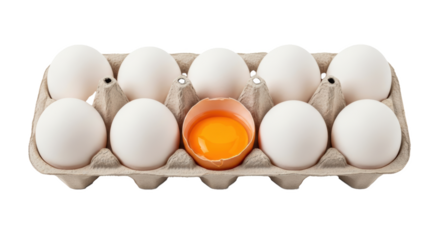A carton of ten white eggs with one cracked open showing the yolk in a cardboard container close up view