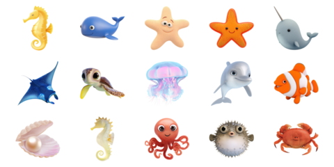 Cute Marine Animal Illustrations Set. Ocean-Themed Cartoon Characters Collection Isolated On Transparent Background