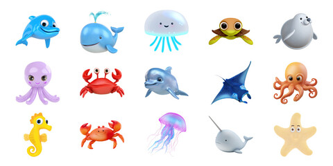Cute Marine Animal Illustrations Set. Ocean-Themed Cartoon Characters Collection Isolated On Transparent Background