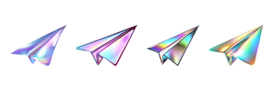 Holographic Paper Airplanes Set. Futuristic Design And Creativity Collection Isolated On Transparent Background