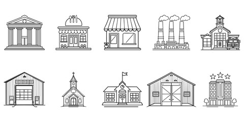 Fototapeta premium Various Building Icons Set. Urban And Rural Architecture Collection. Isolated Vector Illustration