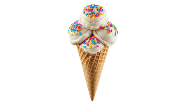 A waffle cone holds three scoops of vanilla ice cream topped with colorful sprinkles on a black background