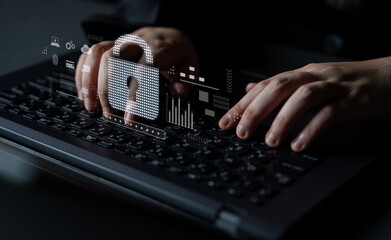 Cybersecurity protection system showing password encryption, fingerprint ID, cloud security, email, credit card, and database lock for secure data access Latch