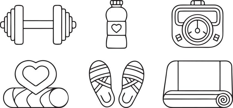 Isolated fitness tracking vector icons, wellness and health monitoring tools, dumbbell, yoga mat, meditation pose, water bottle, step counter set