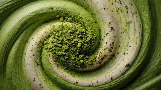 Swirling green and white dessert with a matcha powder topping. Creamy, smooth, and inviting texture for a delectable treat or sweet snack.