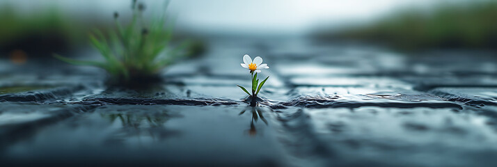 Resilience: A single white flower blooms against the odds on a wet, stone surface. Symbolizing hope and perseverance in challenging conditions.