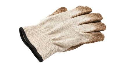 A worn work glove with a black cuff resting on a black surface with visible signs of wear and tear