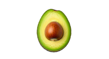 A close up of a halved avocado with its pit visible against a stark black background in sharp focus