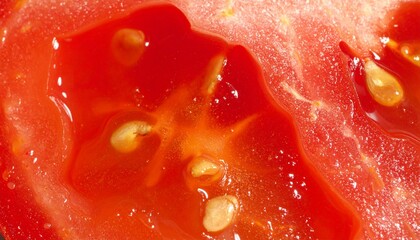 Juicy close up of a fresh red tomato slice revealing its vibrant color and seeds for a vibrant culinary visual.