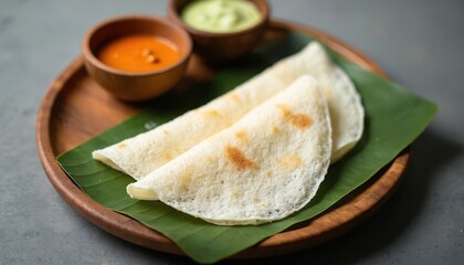 Neer Dosa served on banana leaf with two dipping sauces. This traditional South Indian crepe is made from rice flour. A light, healthy, and delicious breakfast or snack option.