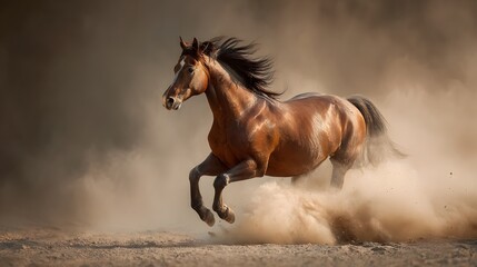 Fototapeta premium A majestic brown horse gallops through a dusty landscape, its powerful legs kicking up sand as it moves with incredible speed and grace.