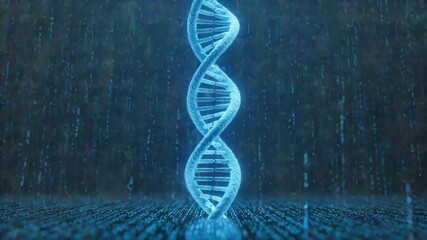 A futuristic 3D animation of a glowing blue DNA double helix, representing genetic research and biotechnology, surrounded by cascading digital data. - Powered by Adobe
