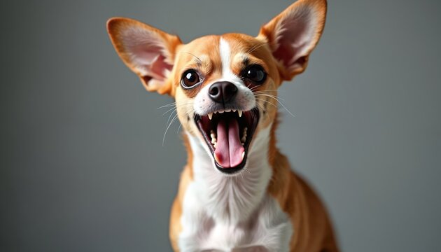 Fierce chihuahua barks aggressively, showing sharp teeth, tongue. Small dog with big ears, intense expression, vibrant fur. Studio portrait captures personality, energy, unique character of domestic - Powered by Adobe