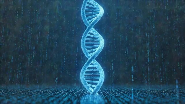 A futuristic 3D animation of a glowing blue DNA double helix, representing genetic research and biotechnology, surrounded by cascading digital data.