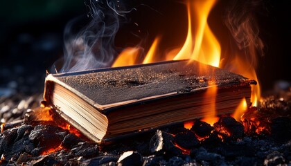 burnt book on ash embers and glowing coal fragments close up