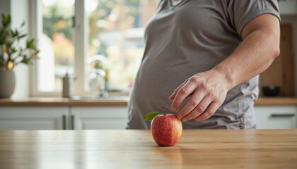 Fototapeta premium Gently placing an apple on a kitchen table home kitchen food photography natural light close-up healthy lifestyle