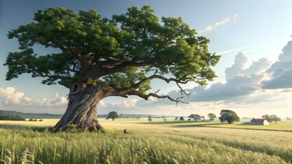 Beautiful solitary tree in a vast green meadow under a summer blue sky with clouds