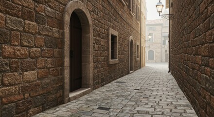 Obraz premium A narrow alleyway lined with aged stone buildings. Sunlight peeks through the narrow space